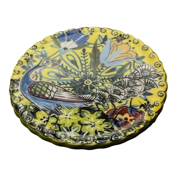 3 Polish Pottery Mini Plates Peacock Floral Coaster Farm House Ceramic Coasters - Picture 2 of 3